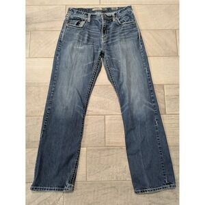 BKE Buckle Tyler Straight Jeans Men Size 34L (32x33) Whiskers Thick Distressed